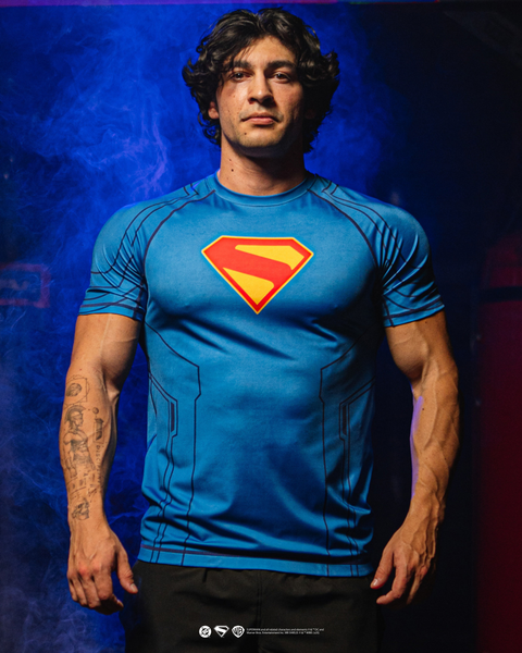 【×Superman】 コンプレッションT Blue M 筋トレ SUPERMAN Compression Short Sleeve